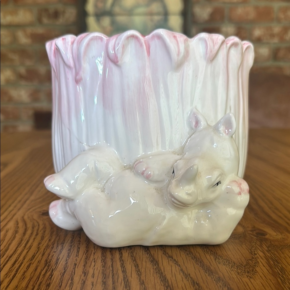 Whimsical Rhino Ceramic Planter - Pink and White